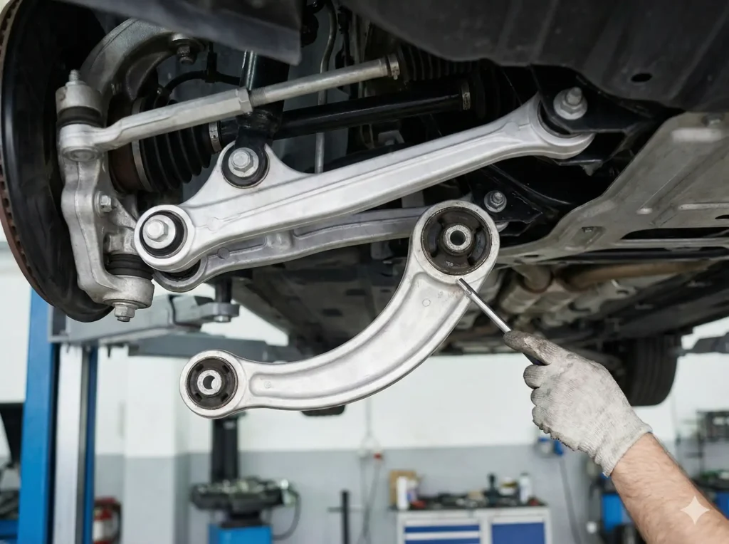 Mechanik wskazujący na tuleję aluminiowego wahacza dolnego (typu banan) w przednim zawieszeniu wielowahaczowym samochodu na podnośniku