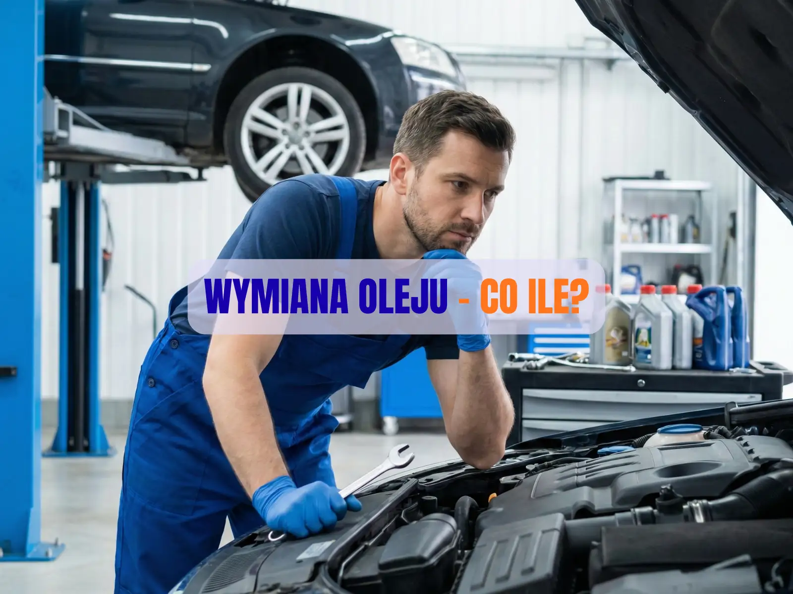 Profesjonalny mechanik zastanawiający się nad stanem silnika samochodu w nowoczesnym warsztacie podczas przeglądu olejowego