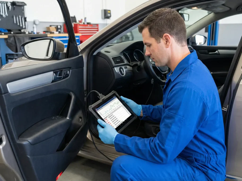Mechanik wykonujący diagnostykę systemu ESP za pomocą komputera podłączonego do gniazda OBD2.