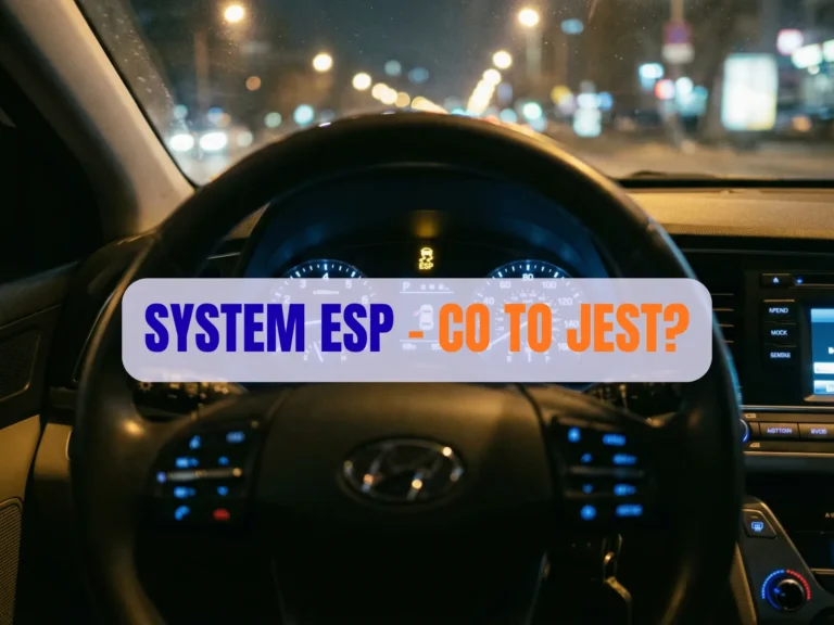 Żółta kontrolka systemu ESP świecąca się na desce rozdzielczej samochodu podczas jazdy nocą.