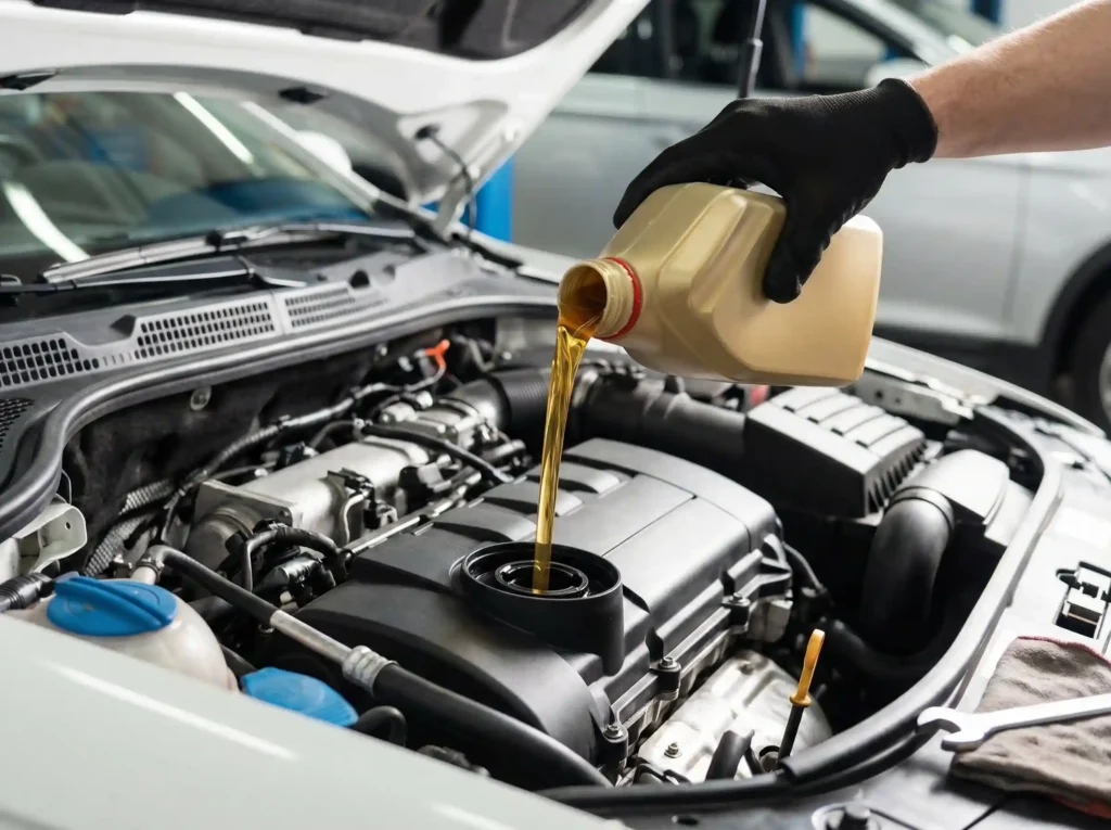Doświadczony mechanik wlewa świeży olej silnikowy do silnika samochodu osobowego w warsztacie