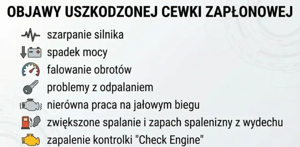 Infografika wymieniająca objawy uszkodzonej cewki zapłonowej: szarpanie silnika, spadek mocy, falowanie obrotów, trudności z odpalaniem oraz świecąca kontrolka Check Engine