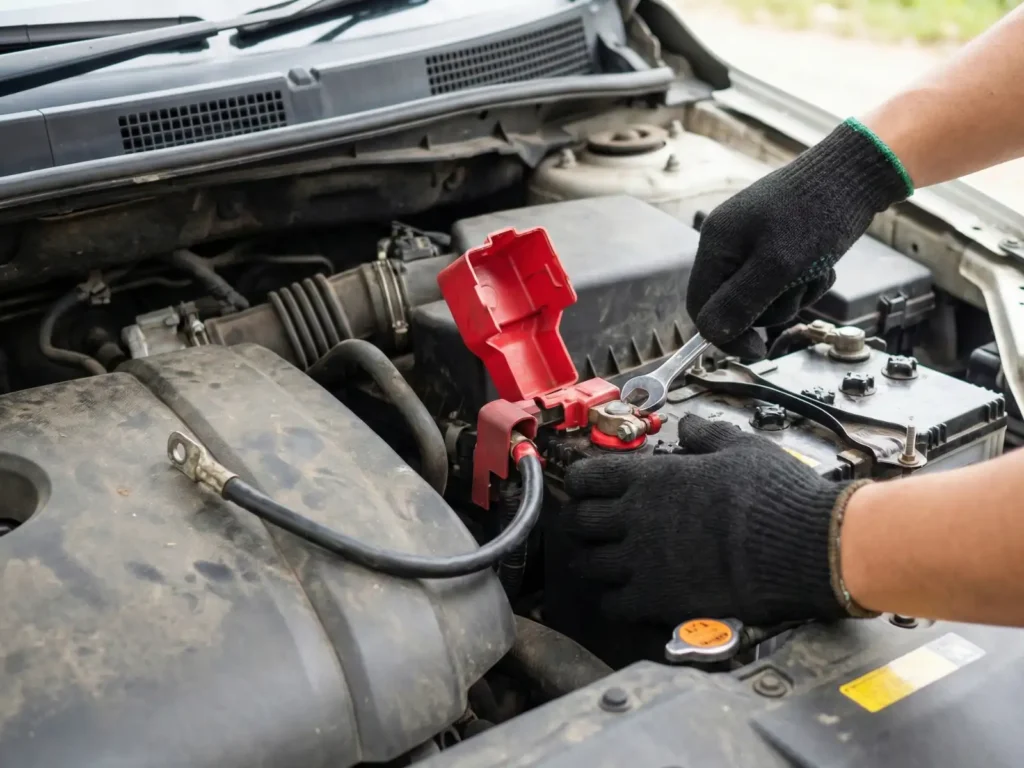 Mechanik samochodowy odkręca klemę akumulatora kluczem płaskim – instrukcja jak bezpiecznie odłączyć zasilanie w aucie.