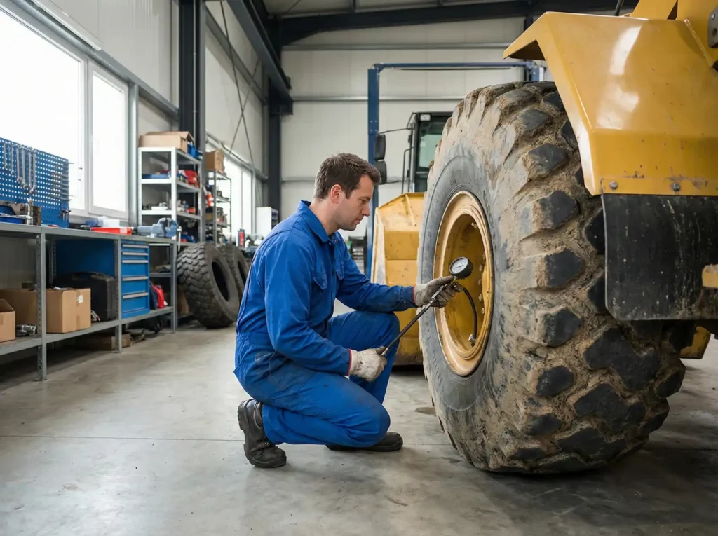Mechanik serwisujący oponę diagonalną w profesjonalnym warsztacie mechanicznym.