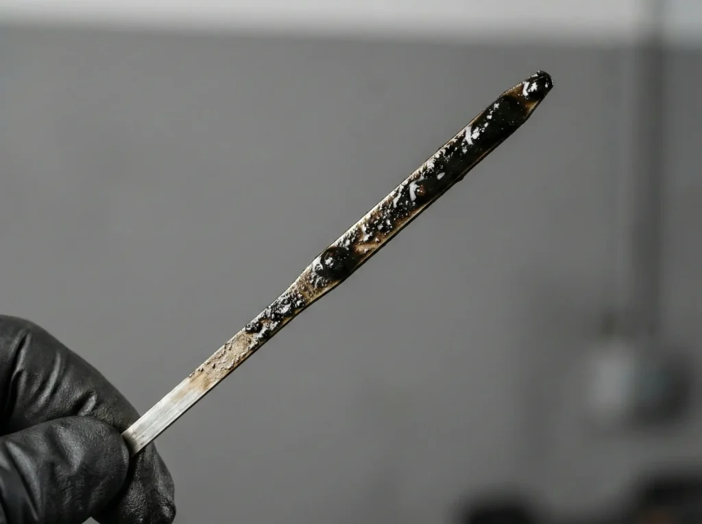 Mechanik sprawdzający poziom czarnego, zużytego oleju na bagnecie silnika samochodowego