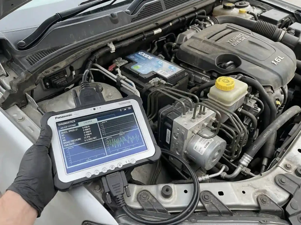 Mechanik używa tabletu diagnostycznego podłączonego do samochodu, w tle widać pompę ABS i zbiorniczek płynu.