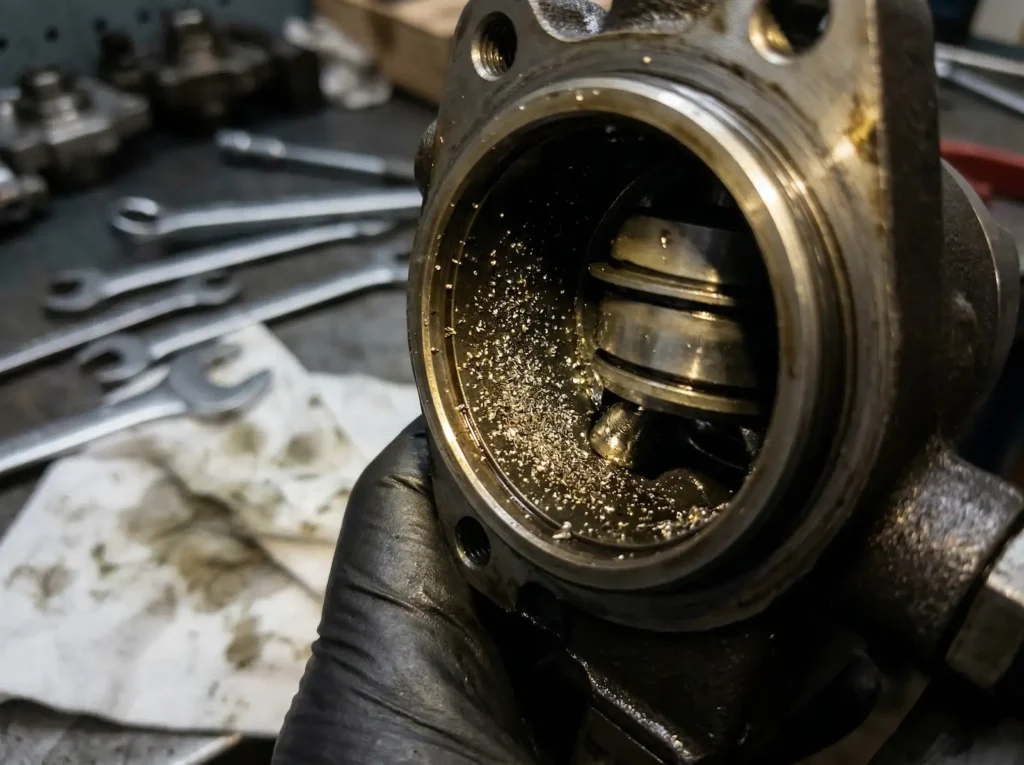 Metalowe opiłki widoczne w gnieździe pompy wysokiego ciśnienia spowodowane brakiem smarowania i brudnym filtrem.