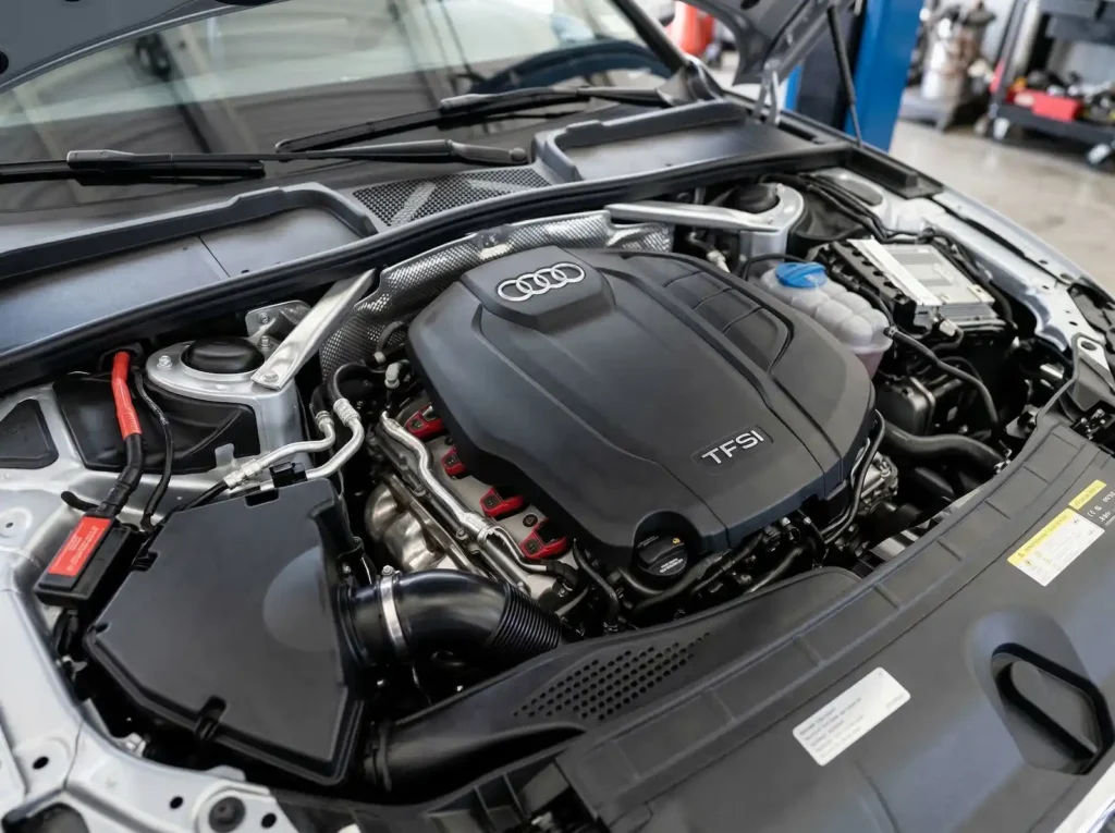 Komora silnika Audi z jednostką 2.0 TFSI pod maską.