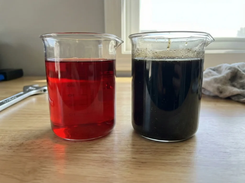 Porównanie nowego czerwonego oleju ATF ze zużytym czarnym płynem