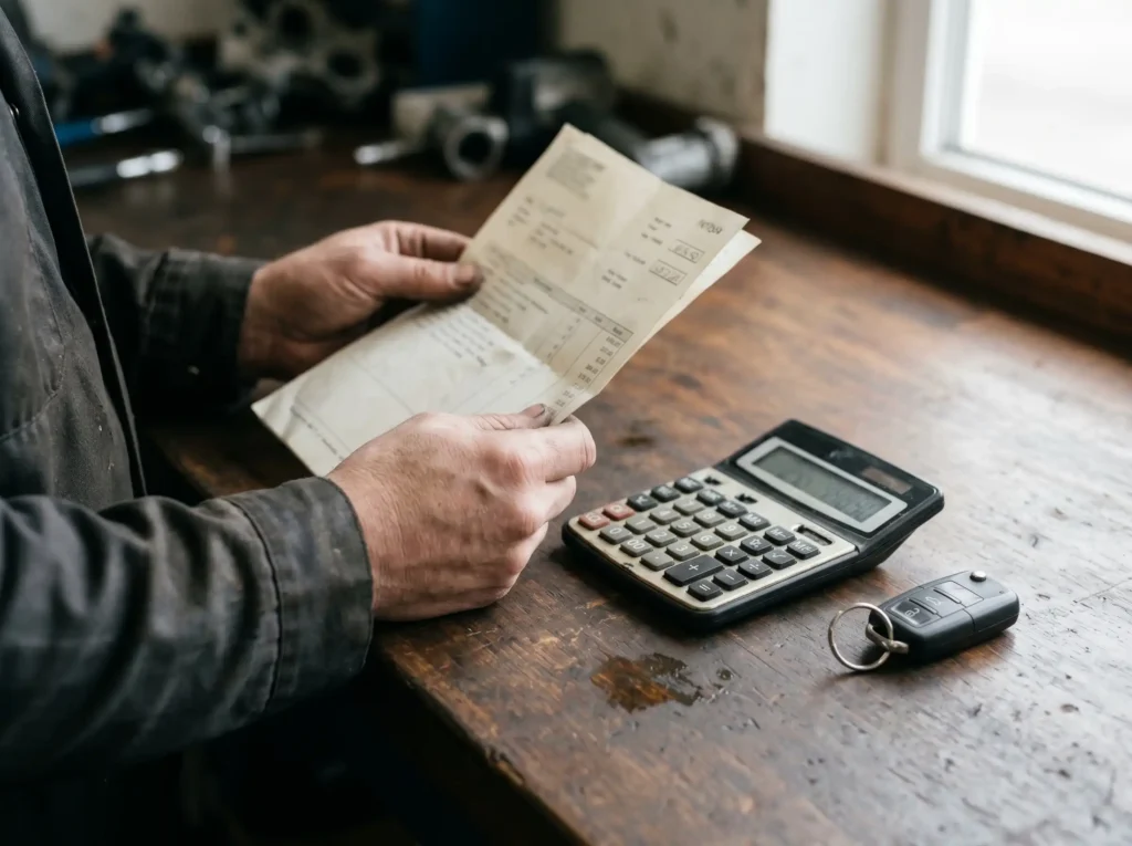 Porównanie kosztów serwisu - faktura i kalkulator na biurku warsztatu