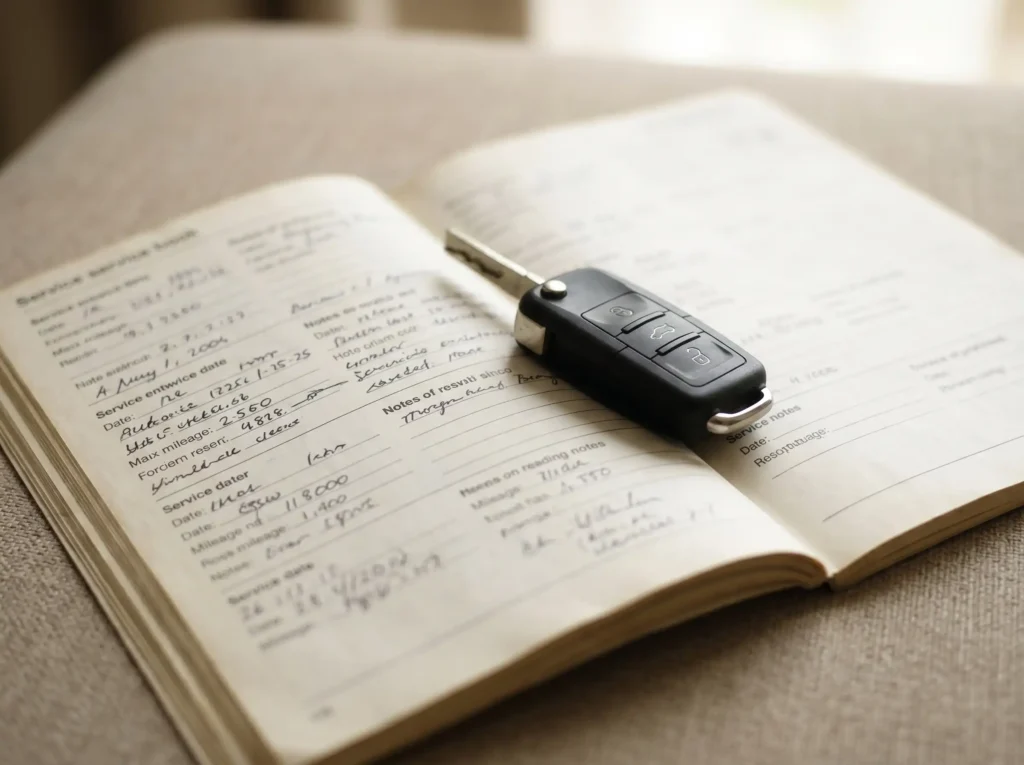 Książka serwisowa samochodu z wpisami i kluczykiem