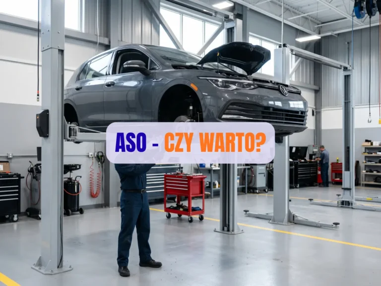 Autoryzowana stacja obsługi - auto na podnośniku w nowoczesnym serwisie