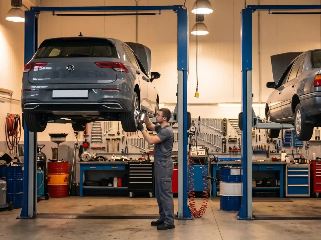 Warsztat niezależny - mechanik pracujący przy zawieszeniu samochodu