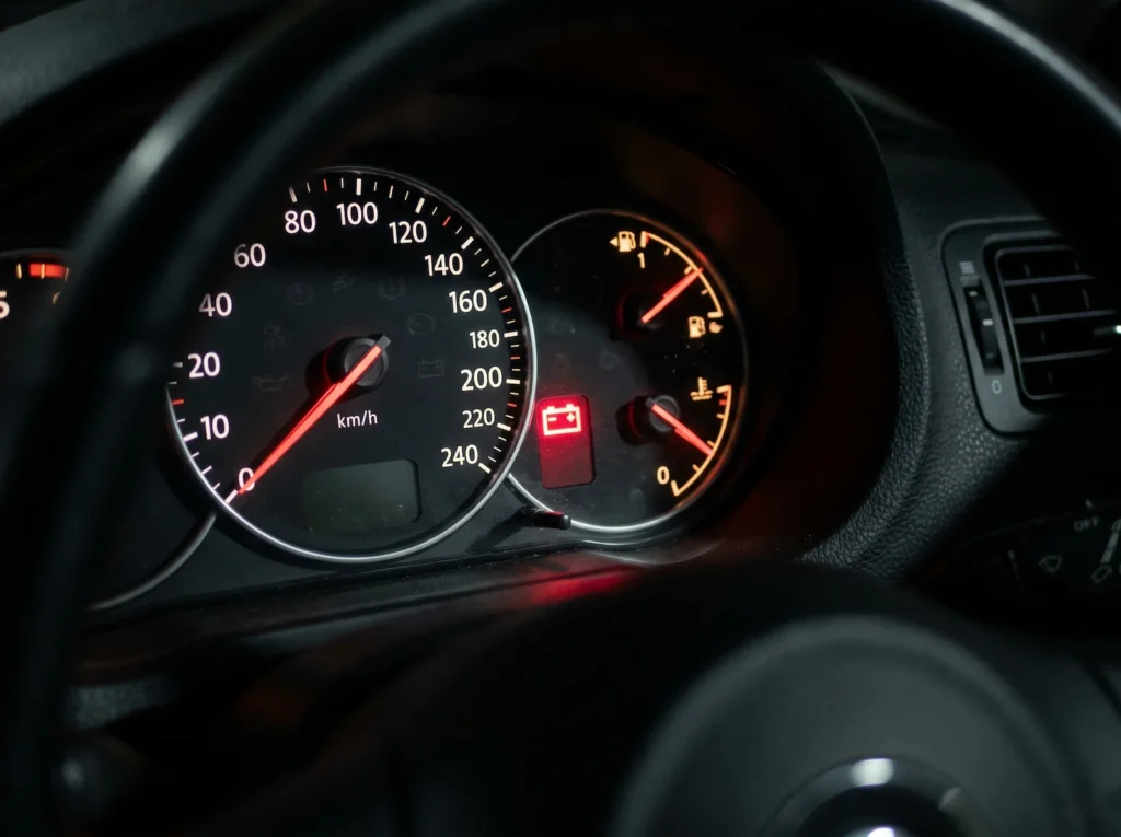 Czerwona kontrolka ładowania akumulatora na desce rozdzielczej samochodu