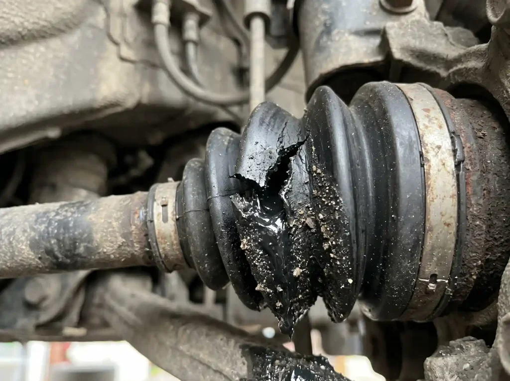 Rozerwana gumowa osłona przegubu napędowego, z której wycieka czarny, gęsty smar na elementy zawieszenia.