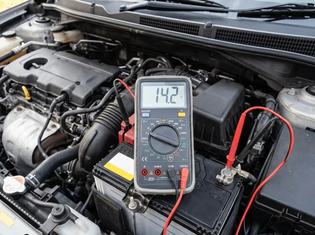 Pomiar napięcia ładowania na akumulatorze samochodowym za pomocą multimetru