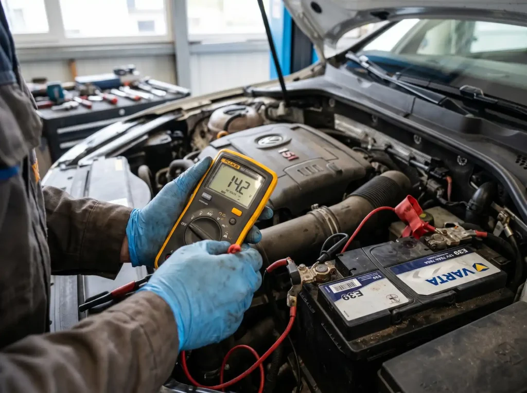Mechanik sprawdzający naciąg paska wielorowkowego alternatora w samochodzie