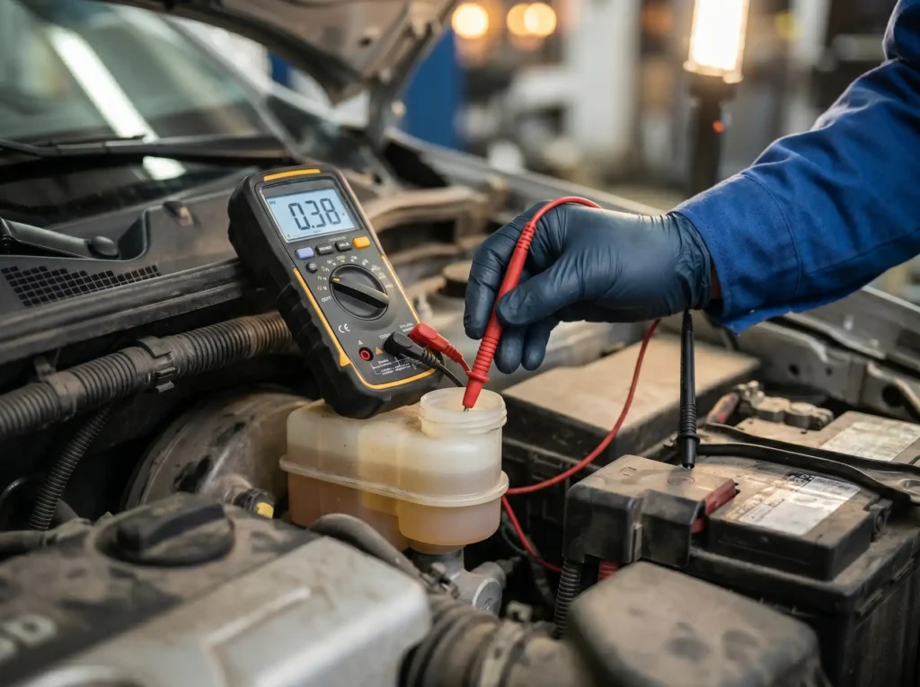 Pomiar stanu płynu hamulcowego za pomocą multimetru cyfrowego.