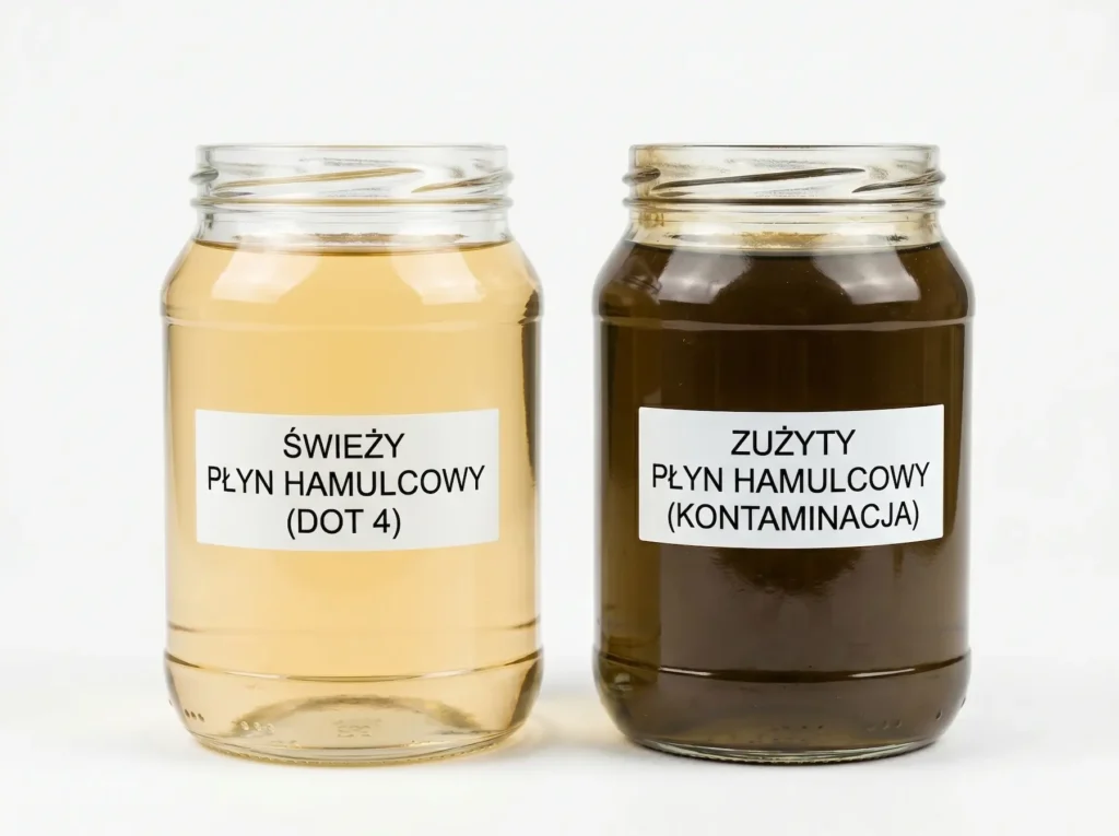 Porównanie czystego i zużytego, brudnego płynu hamulcowego w przezroczystych naczyniach.