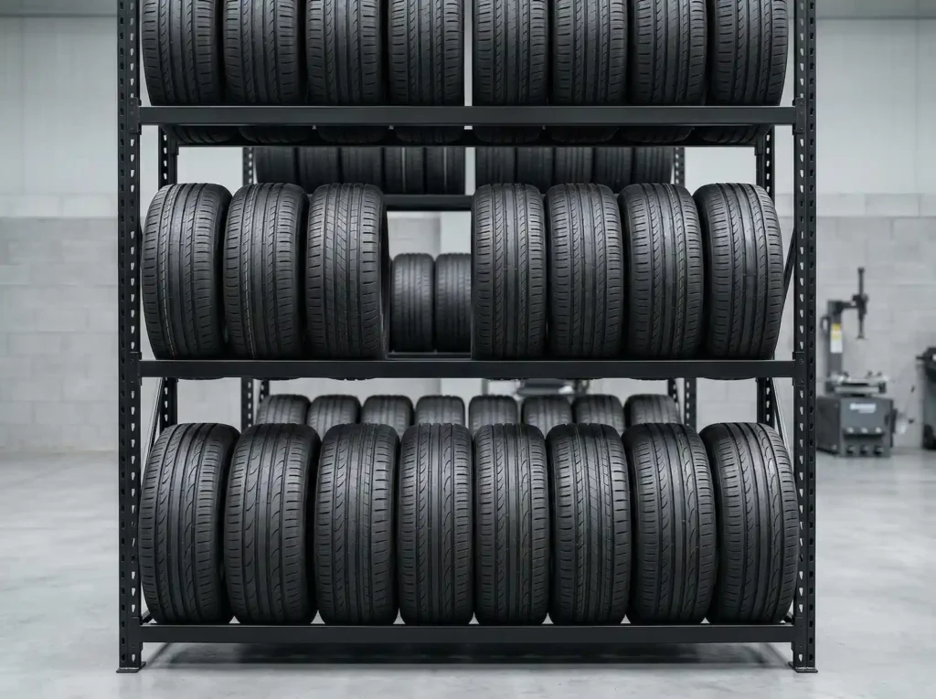 Komplet opon samochodowych przechowywany prawidłowo w pionie na profesjonalnym regale