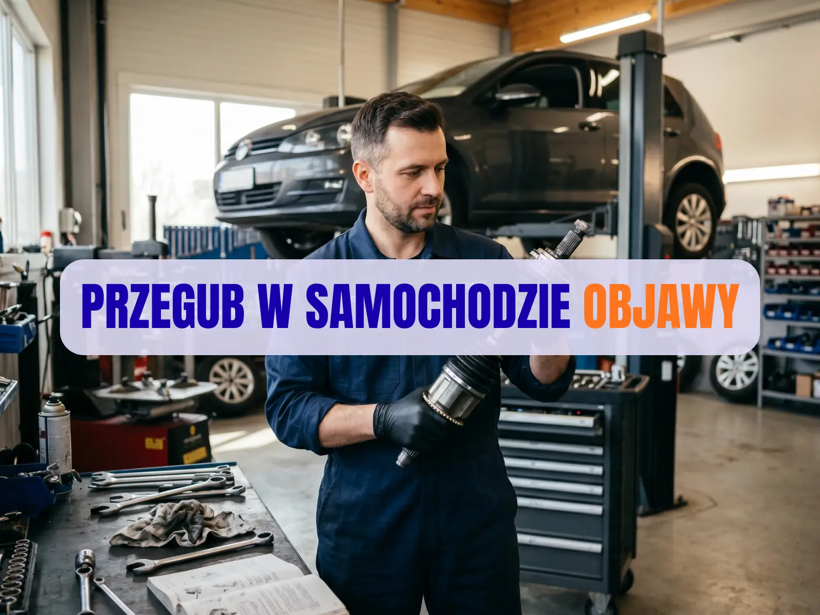 Doświadczony mechanik trzymający w dłoniach metalowy przegub napędowy w warsztacie samochodowym.
