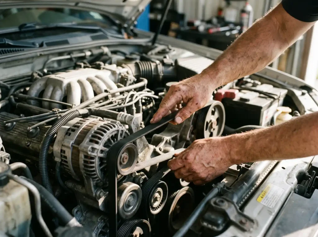 Widok na alternator zamontowany w komorze silnika samochodu osobowego