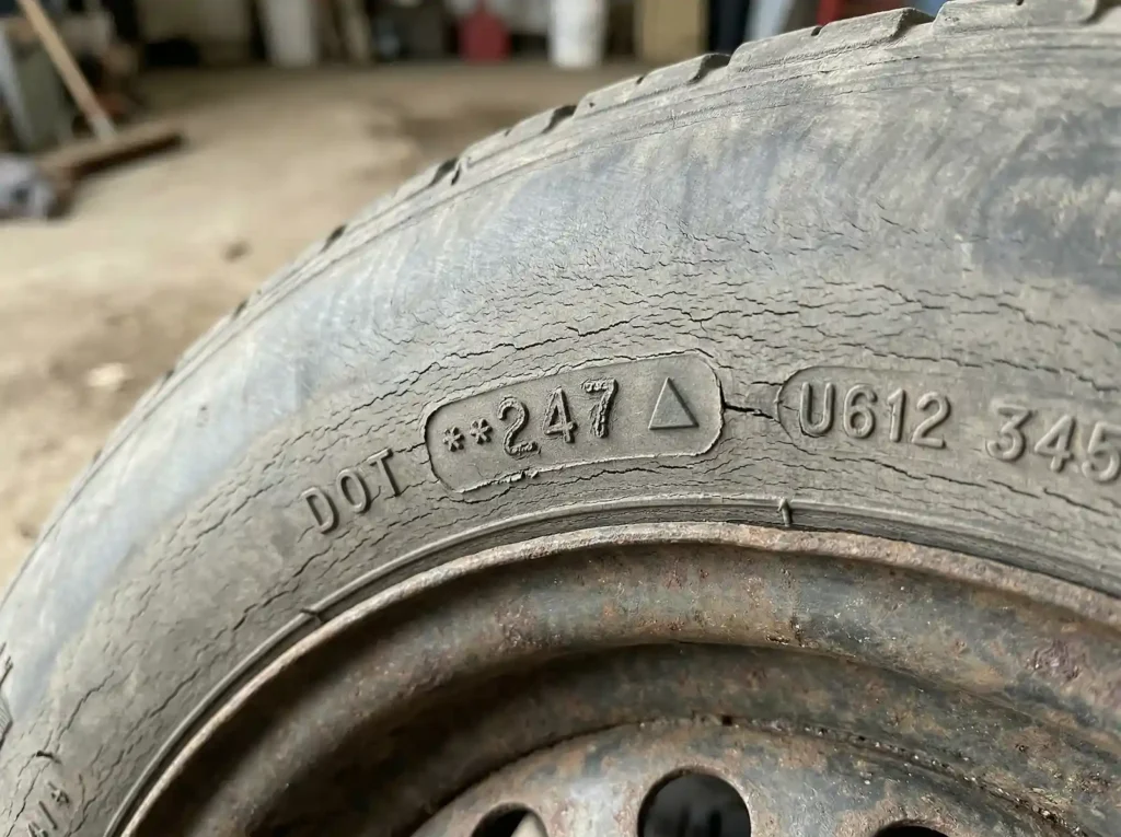 Stara, spękana opona z trzycyfrowym kodem produkcji sprzed 2000 roku