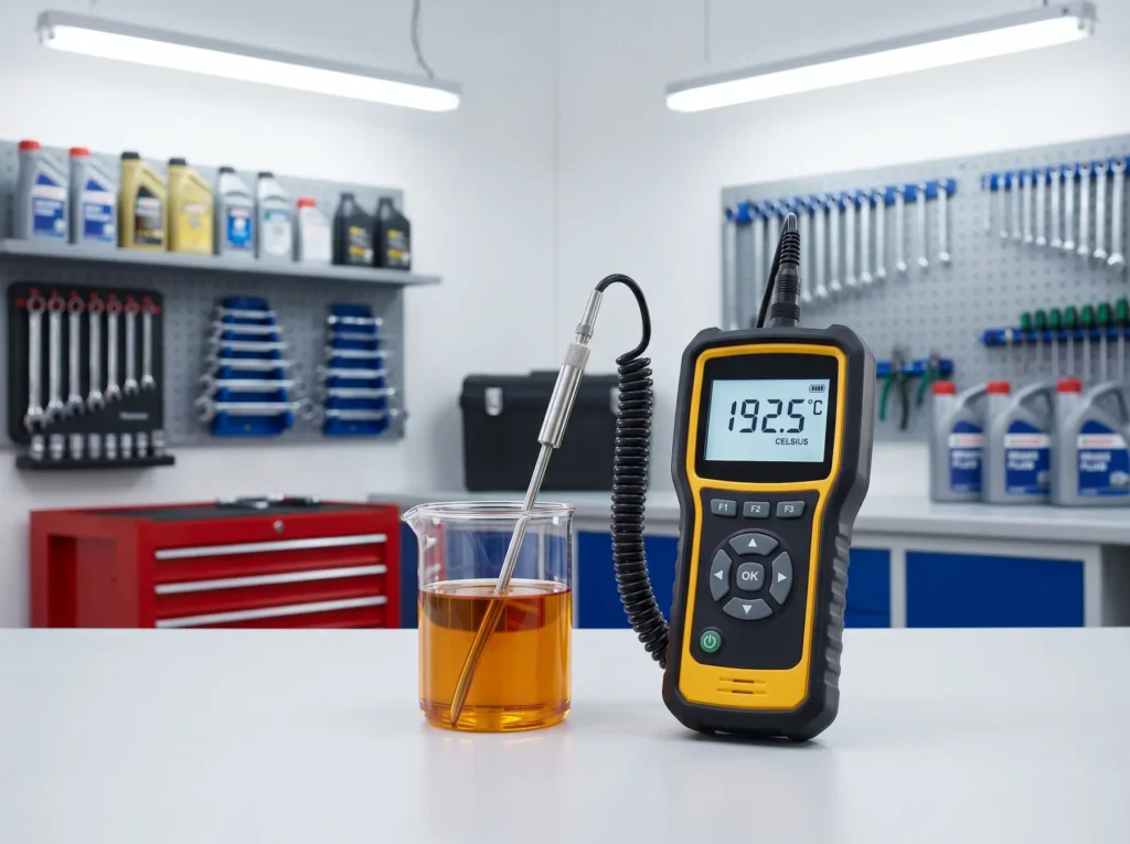 Profesjonalne urządzenie do pomiaru temperatury wrzenia płynu hamulcowego.