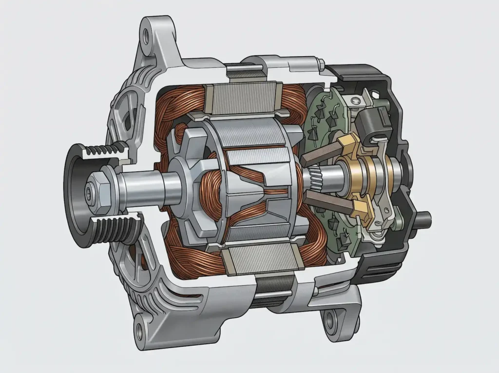 Budowa alternatora samochodowego z widocznym regulatorem napięcia i szczotkami