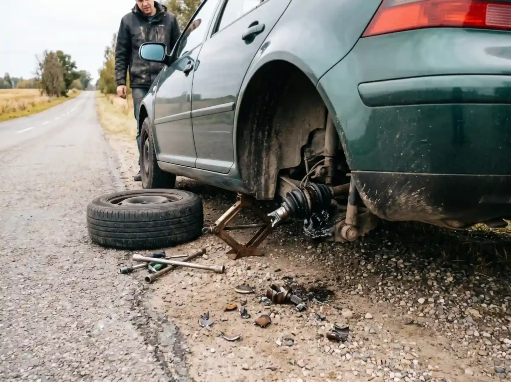 Całkowicie zerwana półoś napędowa i rozsypany przegub, samochód podniesiony na lewarku przy drodze.