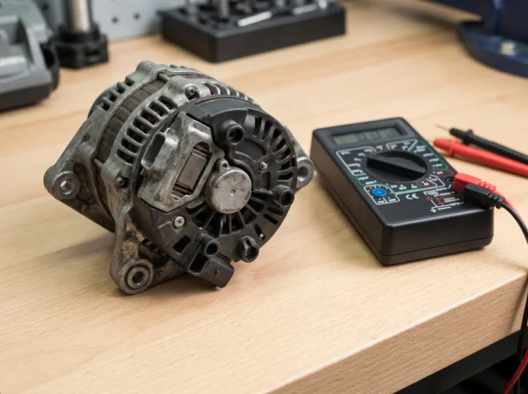 Regulator napięcia alternatora wyjęty z obudowy obok multimetru na warsztatowym stole