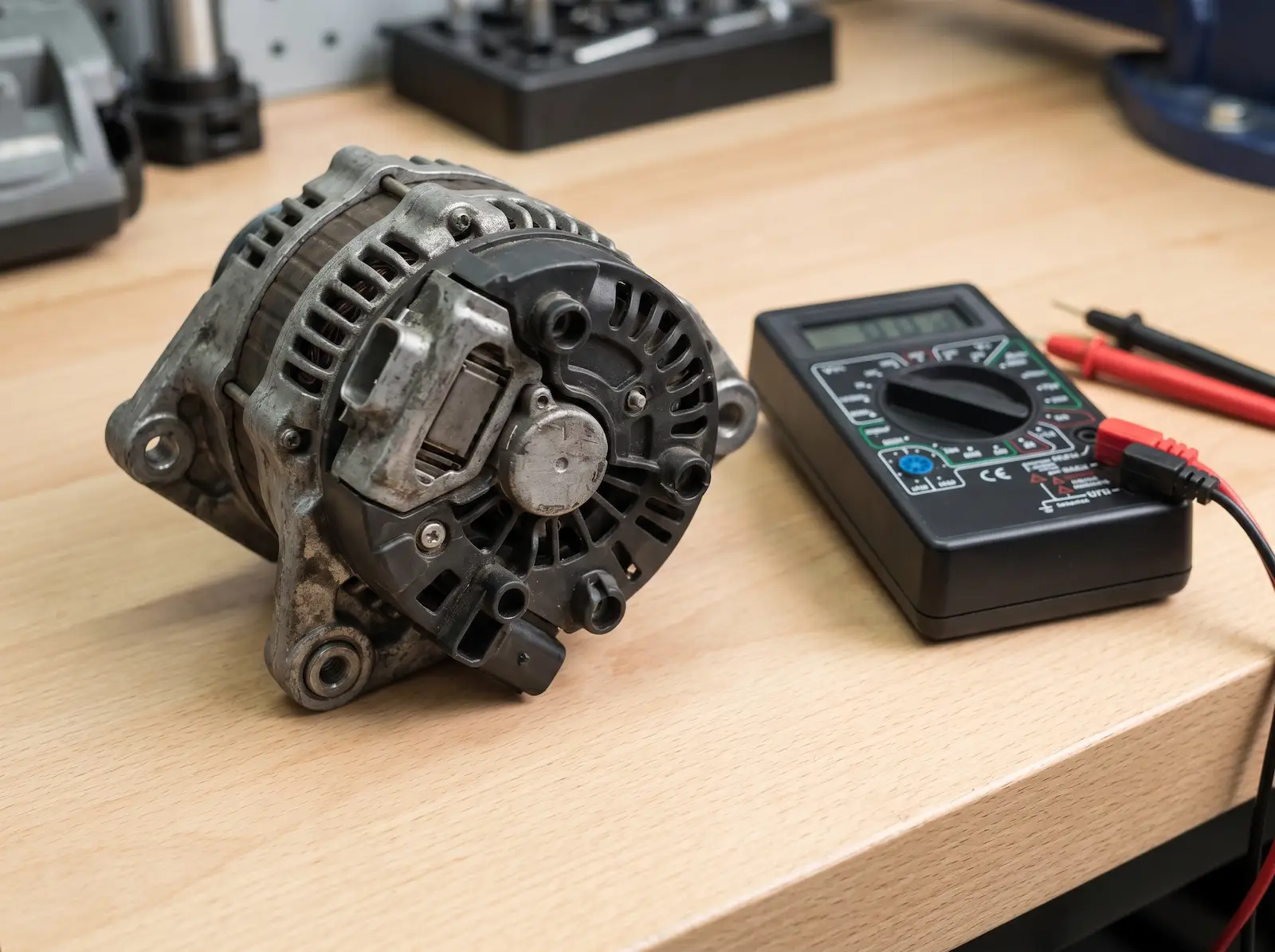 Regulator napięcia alternatora wyjęty z obudowy obok multimetru na warsztatowym stole
