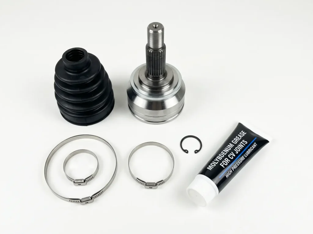 Nowy zestaw naprawczy przegubu zewnętrznego zawierający metalowy przegub, gumową osłonę, opaski zaciskowe i tubkę ze smarem.