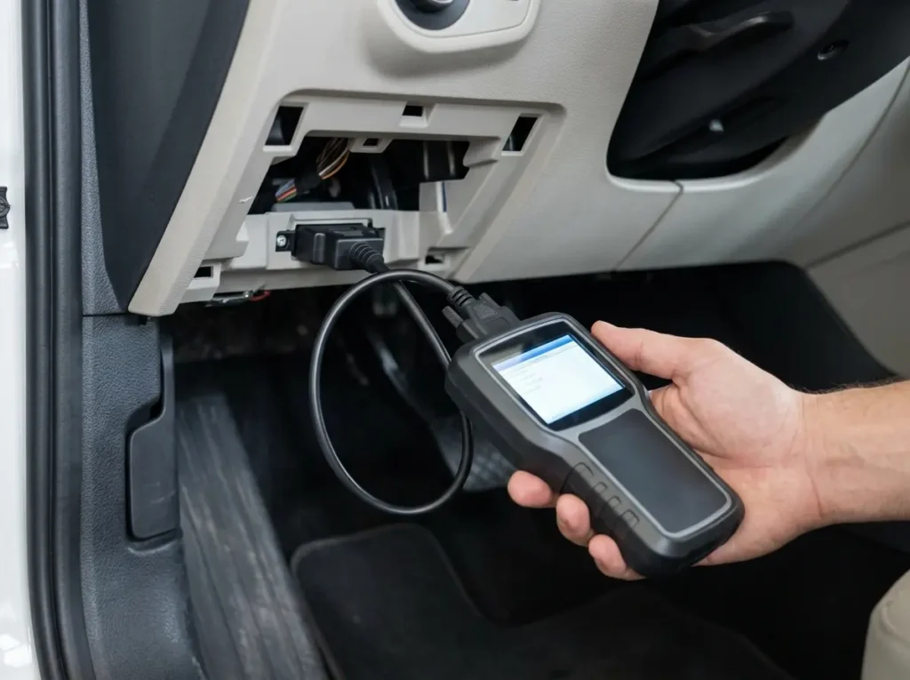 Skaner OBD podłączony do gniazda diagnostycznego pod deską rozdzielczą