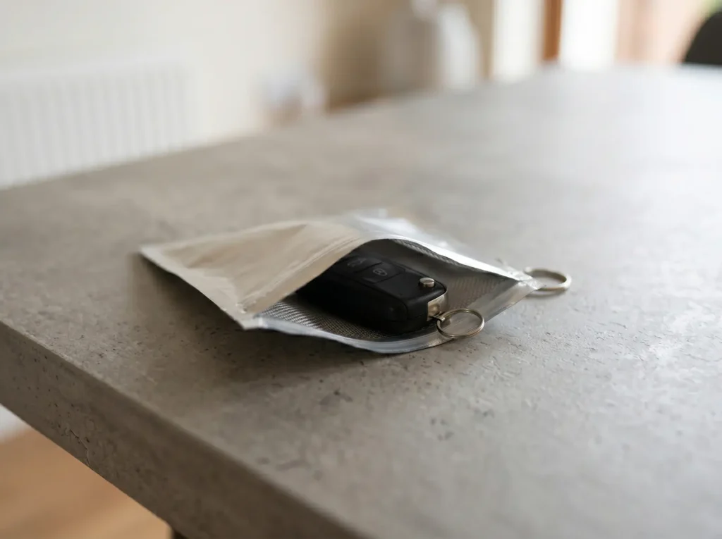 Kluczyk samochodowy w etui Faraday chroniącym przed atakiem relay