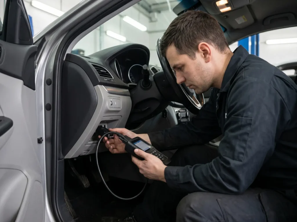 Technik podłączający tester diagnostyczny OBD do złącza w samochodzie