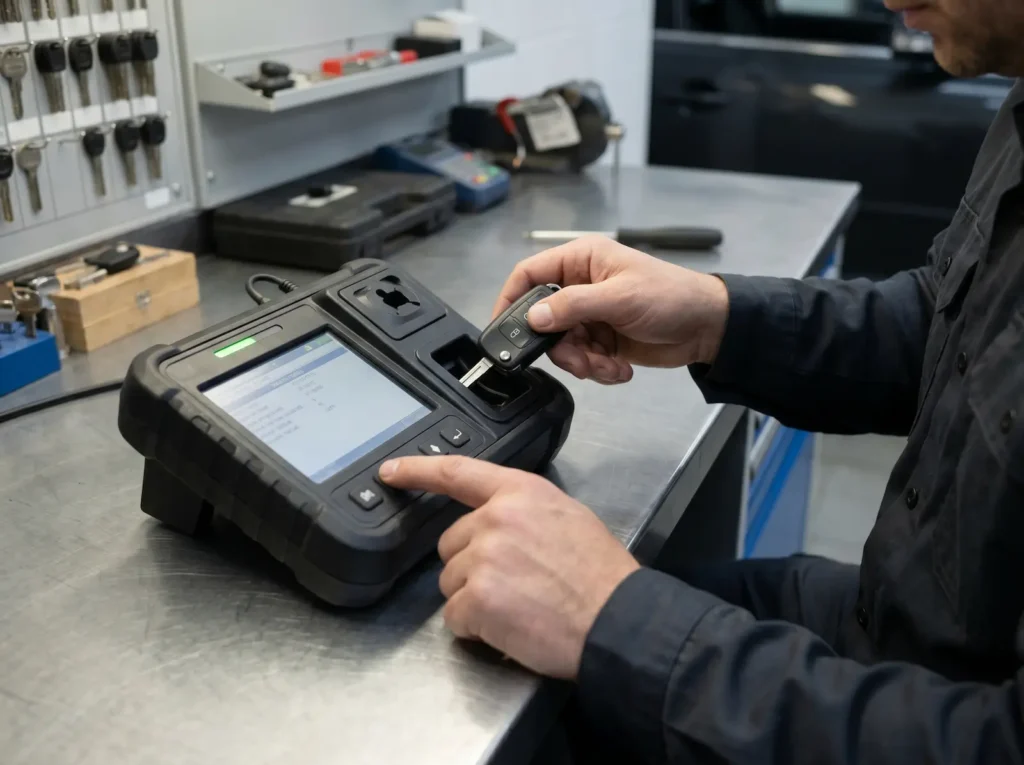 Technik programuje transponder w kluczyku samochodowym specjalistycznym sprzętem