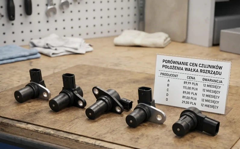 Czujniki położenia wałka rozrządu różnych producentów na warsztatowym blacie